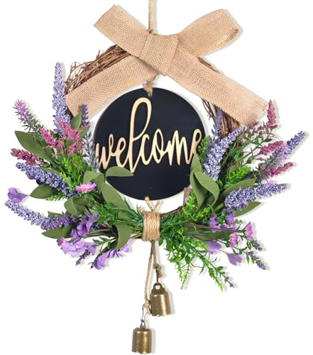 GZGXKJ Ghirlanda Porta Ingresso 40cm Lavanda Ghirlanda Primaverile con Cartello di Registro welcome Decorazione Porta Ingresso con Archi e Campanelli Decorazioni Primavera Estate per Porte Finestre