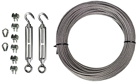 KAMERO Edelstahl V4A, Drahtseil-Set, Drahtseil, 2 Seilspanner, 6 Bügelklemmen, 2 Kauschen, 10 Meter, 2mm, rostfrei