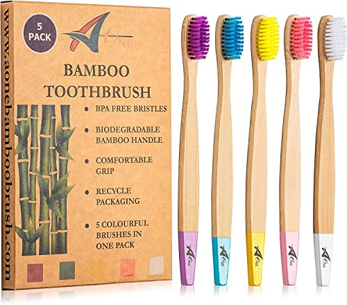 Bamboo Adult Toothbrushes -BPA-Free Medium Bristles -Eco-Friendly - Oral Hygiene - Organic Biodegradable Handle - Plastic Free Packaging- Family Pack of 5 Natural Bambusa Brush (Multicolor)