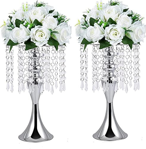 2PCS Acrylique Imitation Cristal Bougeoir Stand Or/Argent Fleur Vase Pièce maîtresse De Mariage en Plomb Route Chandelier pour la Décoration D'événement De Mariage (argenté, 33cm)