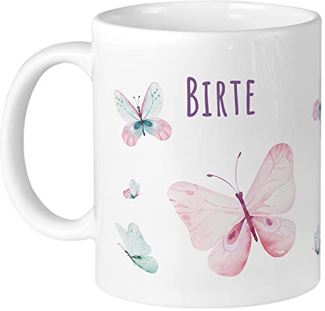 GRAZDesign Kindertasse mit Namen | Schmetterlinge | Tasse personalisiert Mädchen, Namenstasse, Trinkbecher Kinderbecher mit Henkel Becher, Keramik BPA-frei, Geschenk für Schulkind 330ml