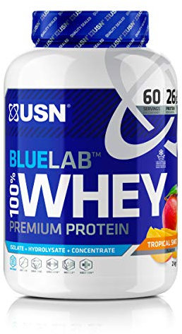 USN Blue Lab Whey Protein Powder, Tropical Smoothie Flavour - 2kg, Premium Whey Isolate Protein Dietary Supplement, Post Workout Lean Muscle Growth BCAA Amino Acids Powder, Protein Shake Drink Mix