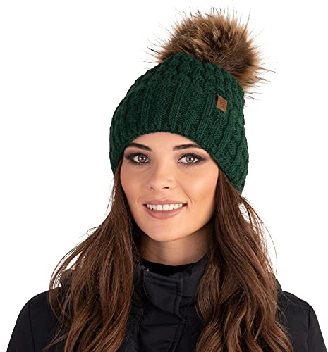 Vivisence Cappello Invernale da Donna con Pompon Realizzato in Filato Morbido E Caldo con Fodera Interna in Pile Antistatico vestibilità Comoda Ideale per l'inverno, Verde,Taglia Unica
