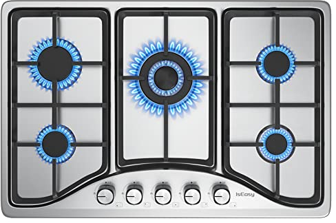 Edelstahl Gaskochfeld, IsEasy Gaskochfeld 5 Flammig mit Automatischer Thermoelementschutz, Einbau Kochfelder Edelstahl 5 Zonen Gaskocher, Erdgas(20mbr)/Propangas(30/50mbr), 76cm, 10.5KW, 220-240V