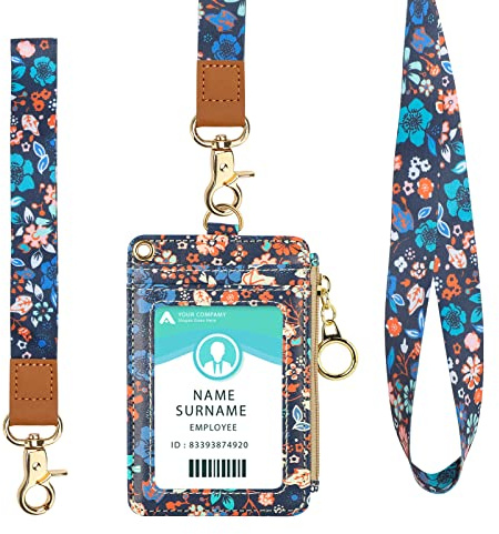 Ausweishülle mit Band, Ausweishalter Ausziehbar, PU Leder ID Card Holder mit Reißverschlusstasche für Personalausweis, Studentenausweis und Busfahrkarte(Black flower)