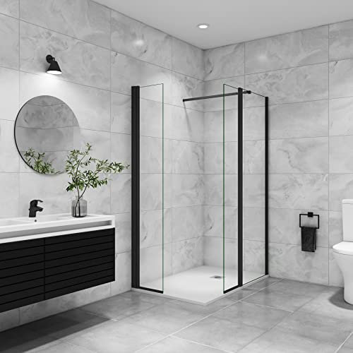 AICA paroi de douche avec retour pivotant 80+40x200cm avec barre de fixation 73-120cm en carré, paroi de douche pivotante 45x200cm, verre 8mm securit anticalcaire, profil Noir mat