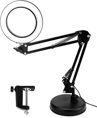 QWORK® Magnifying Lamp with Clamp & Base, 10X Magnifier Lamps, 3 Color Modes & 10 Brightness Dimmable, Adjustable Swivel Arm Lamp, Black