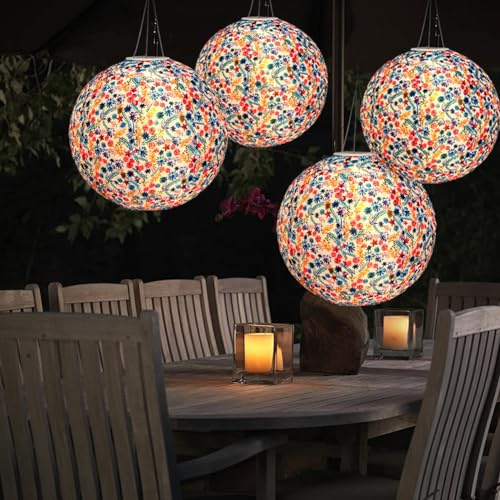 USMEI Solar Lampion Außen, 4 Stück LED Hängend Mit Fransen Und Haken, Wetterfest für Garten, Hochzeit, Kirche, Party Dekoration (Farbe Blumen, 25cm)