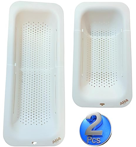 AHASON'S 2 Pack Over The Sink Colander – Extendable Strainer Basket for Vegetables, Fruit, Pasta & Food Draining – Adjustable Expandable Kitchen Sieve, White