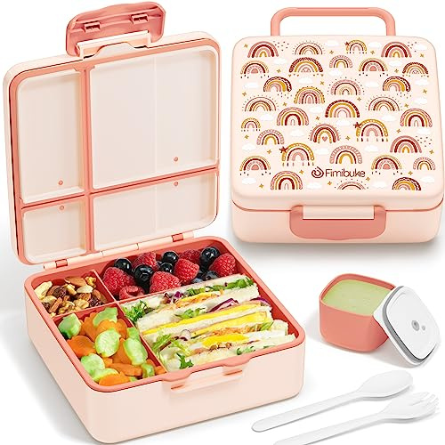 Fimibuke Bento Lunch Box for Kids, Leak Proof Toddler Bento Box with 4 Compartments BPA Free Dishwasher Safe Lunch Container with Utensils, Ideal Portion Sizes for Ages 3-12 Girls Boys for School