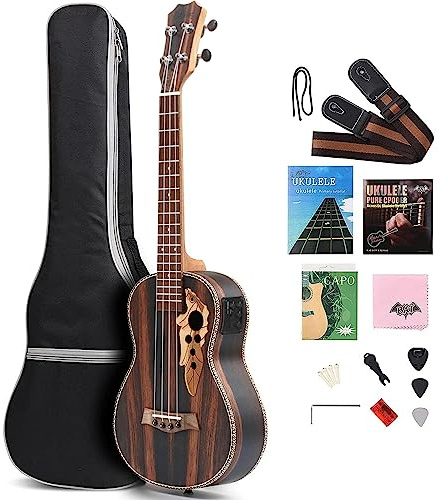 Tenor-Ukulele für linke Hand, 26 Zoll All Blackwood Electirc Ukulele Kit mit Halsstange mit EQ mit Gigbag