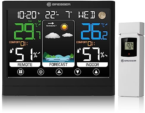 Bresser MeteoTemp BF Funk Wetterstation mit Touch-Display, Außensensor, Wettervorhersage, Raumklima-Indikator, Temperatur-, Luftfeuchtigkeit- und Empfang des DCF-Zeitsignals, Wecker