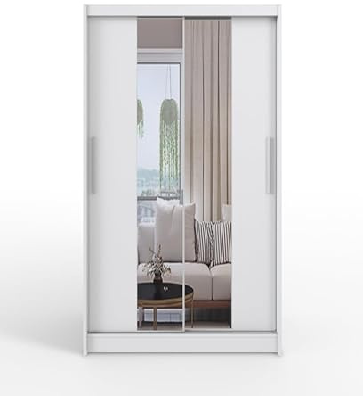Easy4You L2 Weiß Schiebetüren Kleiderschrank 120 cm mit Spiegel - Schlafzimmermöbel, Aufbewahrung - Mehrzweckschrank - Farbe: Weiß