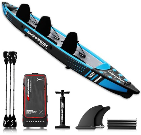SKINHAWK Premium Drop Stitch Kajak 490 Blau, Schlauchboot, Kanu, zum Aufblasen, Adventure Kajak 490 x 85 cm
