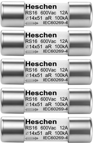 Heschen Fusible cilíndrico de cerámica, RS16, tipo aR, 14 x 51 mm, 12 A, 600 V CA, 100 kA, 5 unidades