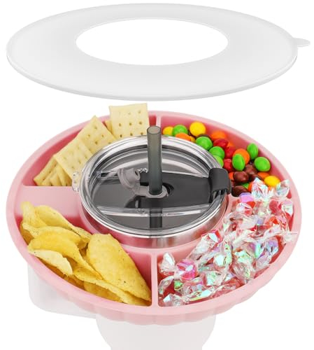 Musiwanna Snack Tray with Lid for Stanley Cup 40oz/1.18L, ONLY for 40OZ, Snack Plate Compatible with 40oz Tumbler, Silicone SnackBowl with 4 Compartments, SnackStorage Top Ring (Pink)