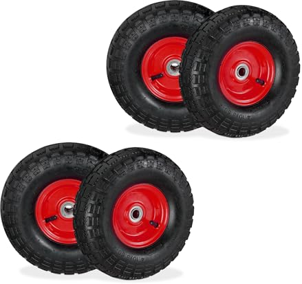 Relaxdays 4 Ruedas de Carro, 4.10/3.50-4, Neumáticas, Eje 16 mm, 136 kg, Llantas de Acero, 260 x 85 mm, Negro y Rojo, Caucho