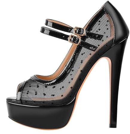 MissHeel Plateau Mary Janes Mesh Riemchenpumps High Heels Schnallen Knöchelschnallen Schwarz Pumps EU 38