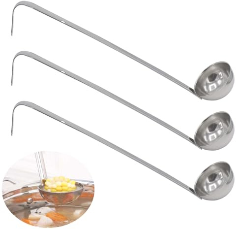 Joyangy 3 Pcs 1 oz Stainless Steel Soup Ladle Set, Long Handle Serving Spoons with Hooked Handles, Kitchen Cooking Utensils for Sauce Gravy Stew
