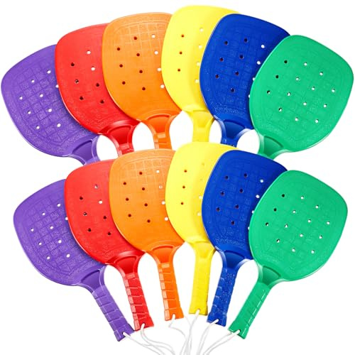 Seenelling Plastic Paddleball Racket PE Equipment for Elementary School with Lanyard Classes Equipment, 15.2 x 7.5 Inches (Yellow Orange Purple Red Blue Green,12 Pcs)