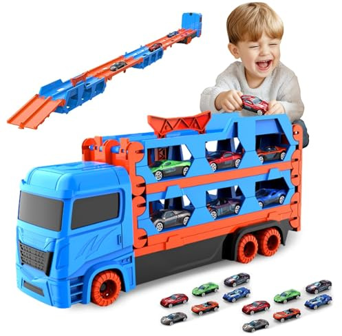 Qivange Transport Truck Toy for 3 4 5 6 7 Year Old Boys Gifts, Portable Truck Toy with 12 Race Car, Kids Race Track Car Carrier Vehicles Toys Set for Toddler Age 3+