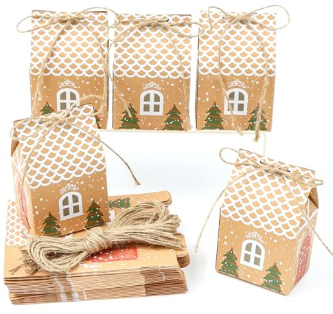 50 Stück Geschenkbox Weihnachten, 10,5 x 7 x 5 cm Geschenktüten Weihnachten | Geschenkverpackung Weihnachten mit Hanfseil, Adventskalender Häuschen Kraftpapier Süßigkeitenbox für Weihnachten Party DIY