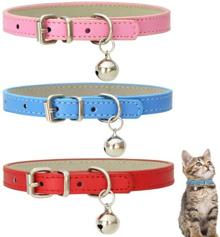 SULIUDAJI Collare per gatti in pelle, collare di sicurezza per gatti con cinturino elastico, collare per gattino per gatto con campana rosso, blu, rosa (Neck Fit 8-11)
