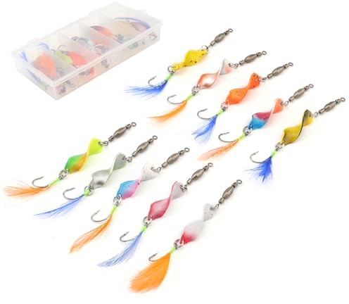 OriGlam Lot de 10 leurres de pêche au bar - Cuillères de pêche rotatives en plumes - Cuillères de pêche pivotantes - Multicolore - Appât à paillettes pour bar, poisson-chat, truite