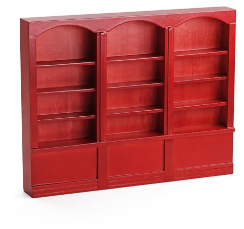 Odoria Puppenhaus Bücherregal Vitrine Miniatur: 1/12 Maßstab Wandregale Rot für Bücher Vintage Bibliothek Schule Büro - Mini Regal Wand Holz Möbel Viktorianisch Wohnzimmer