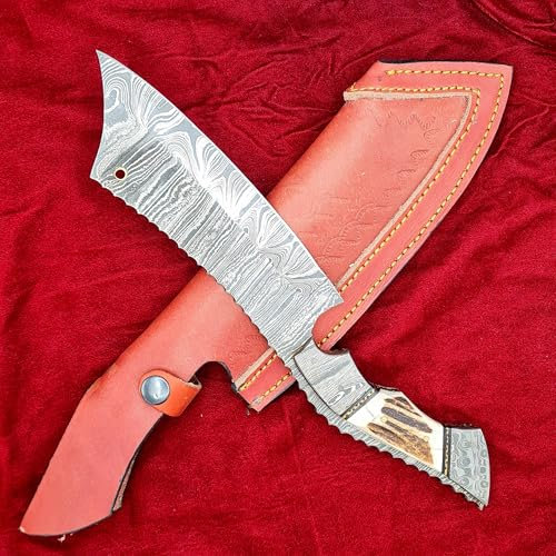 CRAFTOMATIK Damast Stahl Hackmesser | Chef Hackbeil Küchenbeil | Metzger Fleischerbeil | Hirschhorn Griff | KC05