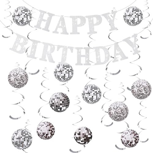 37Pcs Disco Ball Decorations with Happy Brithday Banner, Disco Party Decor 70s Disco Ball Hanging Swirls Ceiling Decor for Retro Disco Fever Birthday Party Favors Supplies