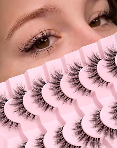 Cat Eye Lashes Wispy False Eyelashes Natural Look Fluffy Strip Lashes 15MM Wispy Fake Lashes Natural Eyelashes for Women 7 Pairs