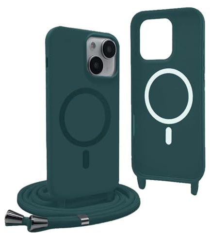 YFSYLL Handykette Hülle für iPhone 13 mit Band,Magnetische Silikon Handyhülle Kompatibel mit MagSafe,Handyhülle für zum Umhängen Einstellbar und Abnehmbar - Grün