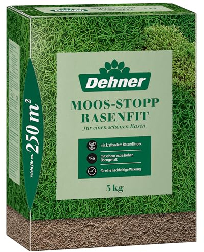 Dehner Moos-Stopp Rasenfit, hochwertiger Rasendünger mit hohem Eisengehalt/Moosentferner, stärkt die Wurzeln, ideal für einen sattgrünen, widerstandsfähigen Rasen, 5 kg für ca. 250 m²