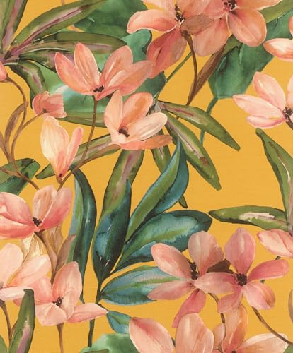 Rasch Selbstklebende Tapete Große Blüten Magnolia - Strukturierte Vliestapete Floral mit Blumen in Orange, Grün, Pink - Einfaches Anbringen ohne Kleister mit tesa-Klebetechnologie - 6,00m x 0,53m