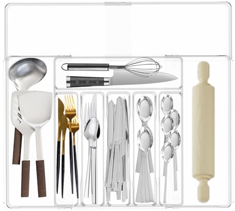 VAVPUP Boîte à couverts, organisateur de couverts en PET, grand espace de rangement, boîte de rangement extensible avec plusieurs compartiments, organisateur de tiroirs, organisateur de cuisine