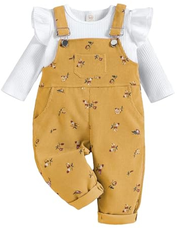 UUAISSO Vestiti per Bambine Top a Maniche Lunghe in Maglia Coste Pantaloni con Bretelle Floreali e Tasche Set Di Abiti Giallo 6-12 mesi