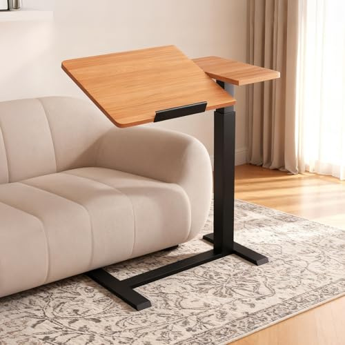 Verstellbarer pneumatischer Betttisch mit Rollen, geteilte Platte neigbarer Nachttisch rollbarer Laptop-/Computer-Stehtisch, Höhe 75–110 cm C-förmig Sofa-/Beistelltisch, Krankenhausbett-Beistelltisch