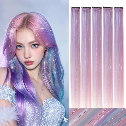 Webshaiy 10pcs Hair Tinsel Glitzer Haarsträhnen Clip In Hair Extensions,Mehrfarbig 55cm glitzersträhnen für haare lametta zum Frauen/Mädchen/Kinder Flechten Haar Lametta Festival Cosplay Party Zubehör