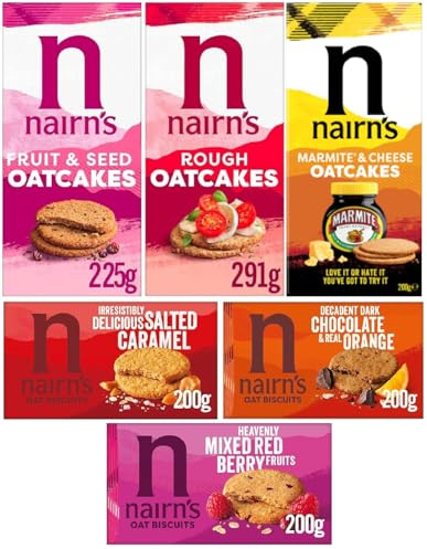 Nairn's Variety Pack - Oat Biscuits and Oatcakes - Flavours: Chocolate Orange, Salted Caramel, Mixed Berries, Marmite & Cheese, Rough, Fruit & Seed - (PACK OF 6) - Healthy Snacks