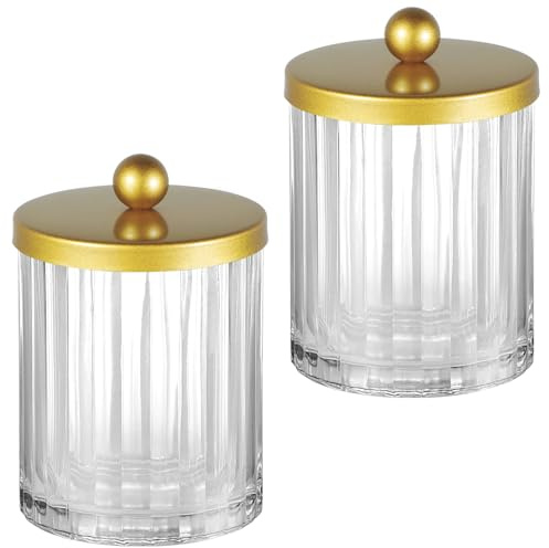 Amolliar Qtip Holder Dispenser for Bathroom, Clear Glass Canister Apothecary Jar for Cotton Swabs, Cotton Balls, Makeup Pads, Floss Picks, Container for Countertop Vanity Storage Organizer,Gold 2 Pack