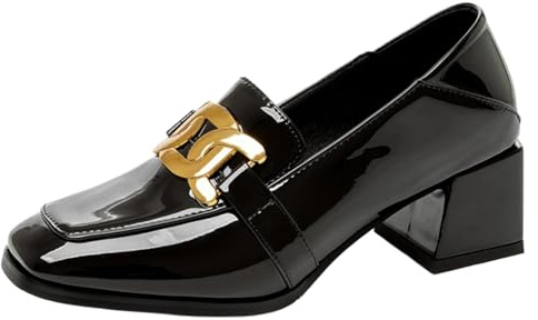 CHICMARK Ballerines avec pointe carrée - Talon bloc de 5 cm et décor en métal - Aspect cuir verni pour femme - Confortable pour le bureau et la vie quotidienne, Noir , 34 EU
