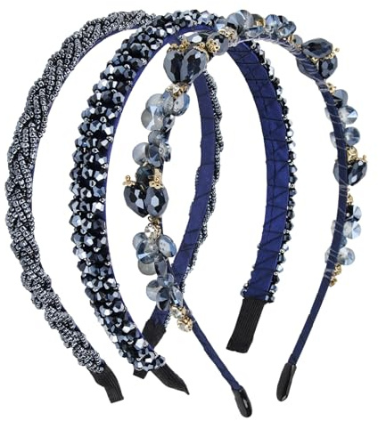 3PCS Retro Strass Haarreifen für Damen, Kristall Perlen Haarband in Dunkelblau mit Rutschfest, Trachten Haarschmuck als Dirndl Accessoire für Hochzeit, Kommunion, Party und Oktoberfest