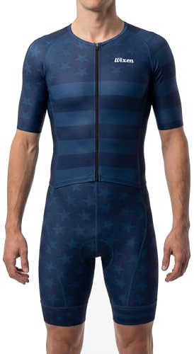 Wixen Men’s Aero Triathlon Suit – Quick Dry, Breathable Men Tri Suit with Rear Pockets Skinsuit for Swim Bike Run - Us Flag- M