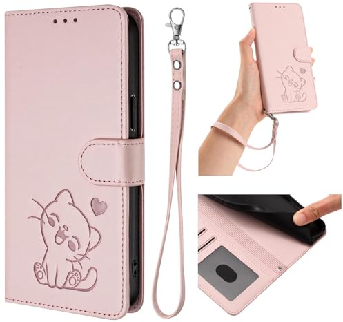 BEENTRYS Cuero PU Funda para Moto G22 4G / E32S / E22S 4G Funda,Carino Gato y Corazón Cartera con Tapa Ranuras para Tarjetas Bolsillo Soporte Flip Case Antigolpes Carcasa-Rosa