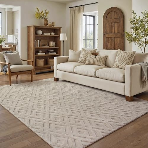 PureCozy Tappeto Salotto 160x230cm Beige Antiscivolo Lavabile Camera da Letto Grande Tappeti Moderno 3D Geometrico Carpet Sala Soggiorno Cameretta Bambino Ufficio Pelo Corto Rug