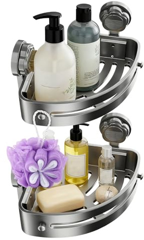 Erconsso Mensola angolare per doccia, senza supporto per fori, forte ventosa, per shampoo, spugna, sapone, bagnoschiuma, articoli da toeletta, cucina, appartamento, dormitorio, hotel