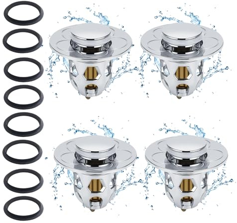 4 Stück Waschbeckenstöpsel Pop Up Abflusssieb Anti Clogging + 8 Dichtringe, Universal Ablaufgarnitur Push-Type Rückprall Kern, Einfache Installation für Küche Bad Badewanne Spüle Drain Plug