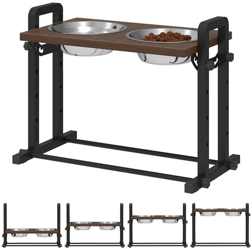 PawHut Raised Dog Bowls with Stand 4 Heights Adjustable Large Breeds Brown | Elevated Dog Bowls, 2 Stainless Steel Bowls, Pet Feeding Station, 3 Adjustable Angles, Small & Medium Breeds