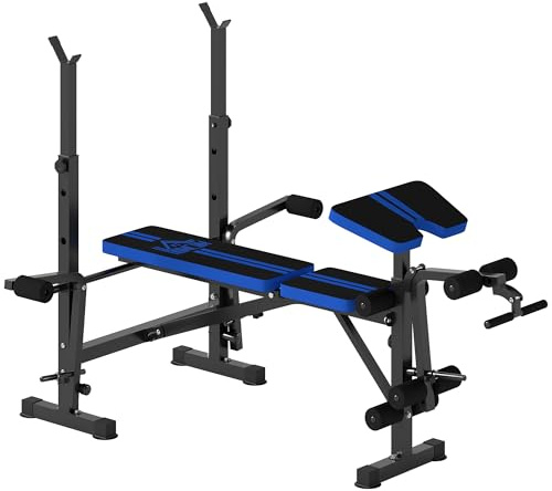 HOMCOM Panca Palestra Multifunzione con Supporto Bilanciere e Schienale Regolabile 3 Livelli, Panca Pesi Inclinabile con Leg Extension, Portapesi, Allenamento Palestra Casa, Nero e Blu